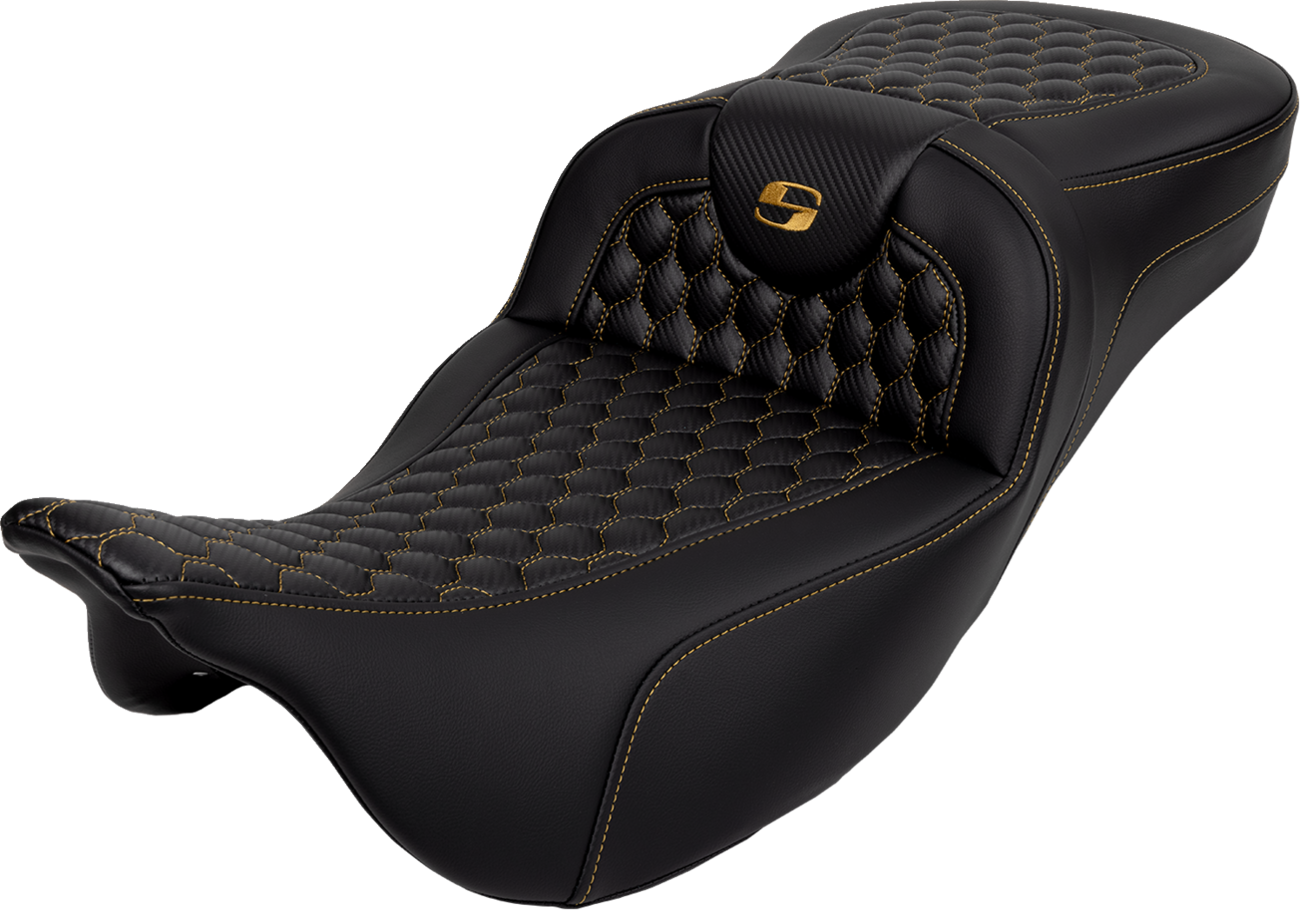 SADDLEMEN RoadSofa™ Seat - Honeycomb - Gold Stitch - Extended Reach - without Backrest - FLH/FLT '08-'24 808-07B-19007 — image 1