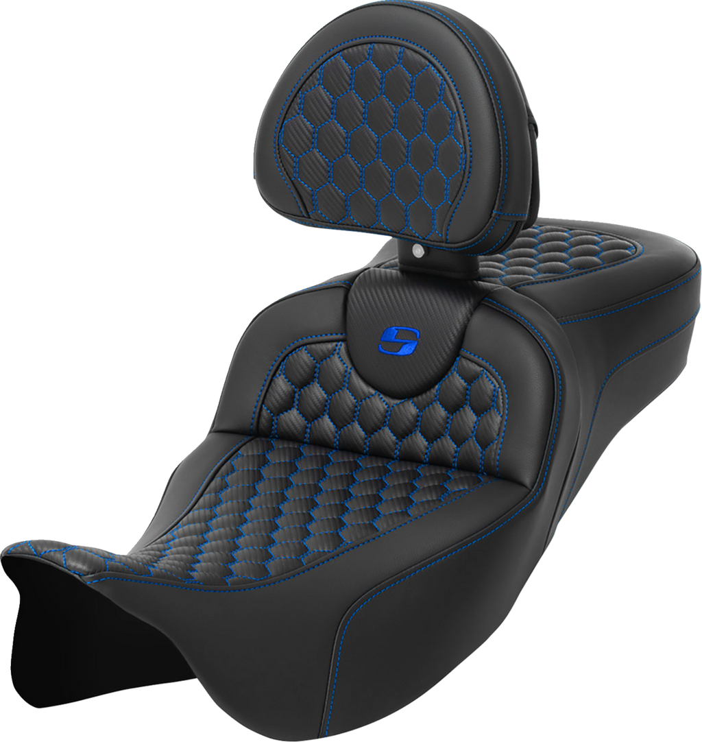 SADDLEMEN RoadSofa™ Seat - Honeycomb - Blue Stitch - with Backrest - Extended Reach - FLH/FLT '08-'24 808-07B-190B1 — image 1