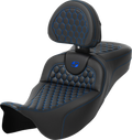 SADDLEMEN RoadSofa™ Seat - Honeycomb - Blue Stitch - with Backrest - Extended Reach - FLH/FLT '08-'24 808-07B-190B1 — image 1