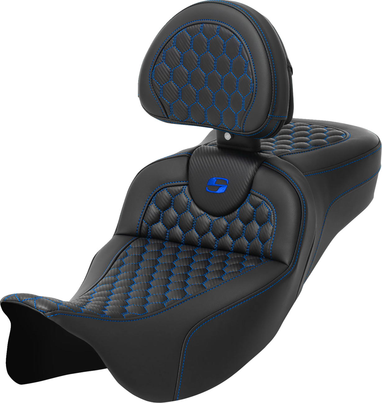 SADDLEMEN RoadSofa™ Seat - Honeycomb - Blue Stitch - with Backrest - Extended Reach - FLH/FLT '08-'24 808-07B-190B1 — image 1
