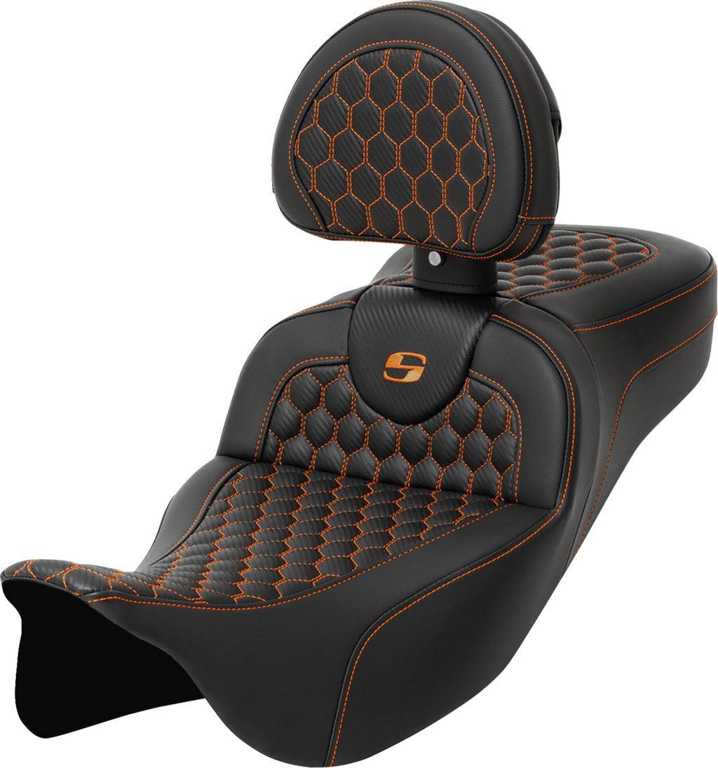 SADDLEMEN RoadSofa™ Seat - Honeycomb - Orange Stitch - with Backrest - Extended Reach - FLH/FLT '08-'24 808-07B-190B3 — image 1