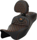SADDLEMEN RoadSofa™ Seat - Honeycomb - Orange Stitch - with Backrest - Extended Reach - FLH/FLT '08-'24 808-07B-190B3 — image 1