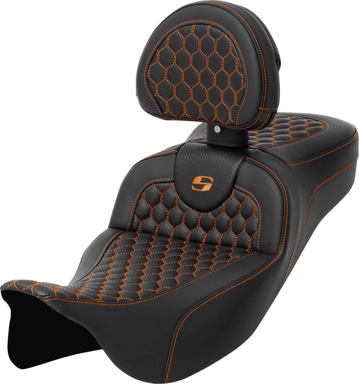 SADDLEMEN RoadSofa™ Seat - Honeycomb - Orange Stitch - with Backrest - Extended Reach - FLH/FLT '08-'24 808-07B-190B3 — image 1