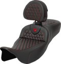 SADDLEMEN RoadSofa™ Seat - Honeycomb - Red Stitch - with Backrest - Extended Reach - FLH/FLT '08-'24 808-07B-190B4 — image 1