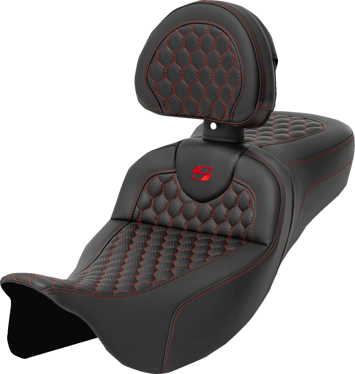 SADDLEMEN RoadSofa™ Seat - Honeycomb - Red Stitch - with Backrest - Extended Reach - FLH/FLT '08-'24 808-07B-190B4 — image 1