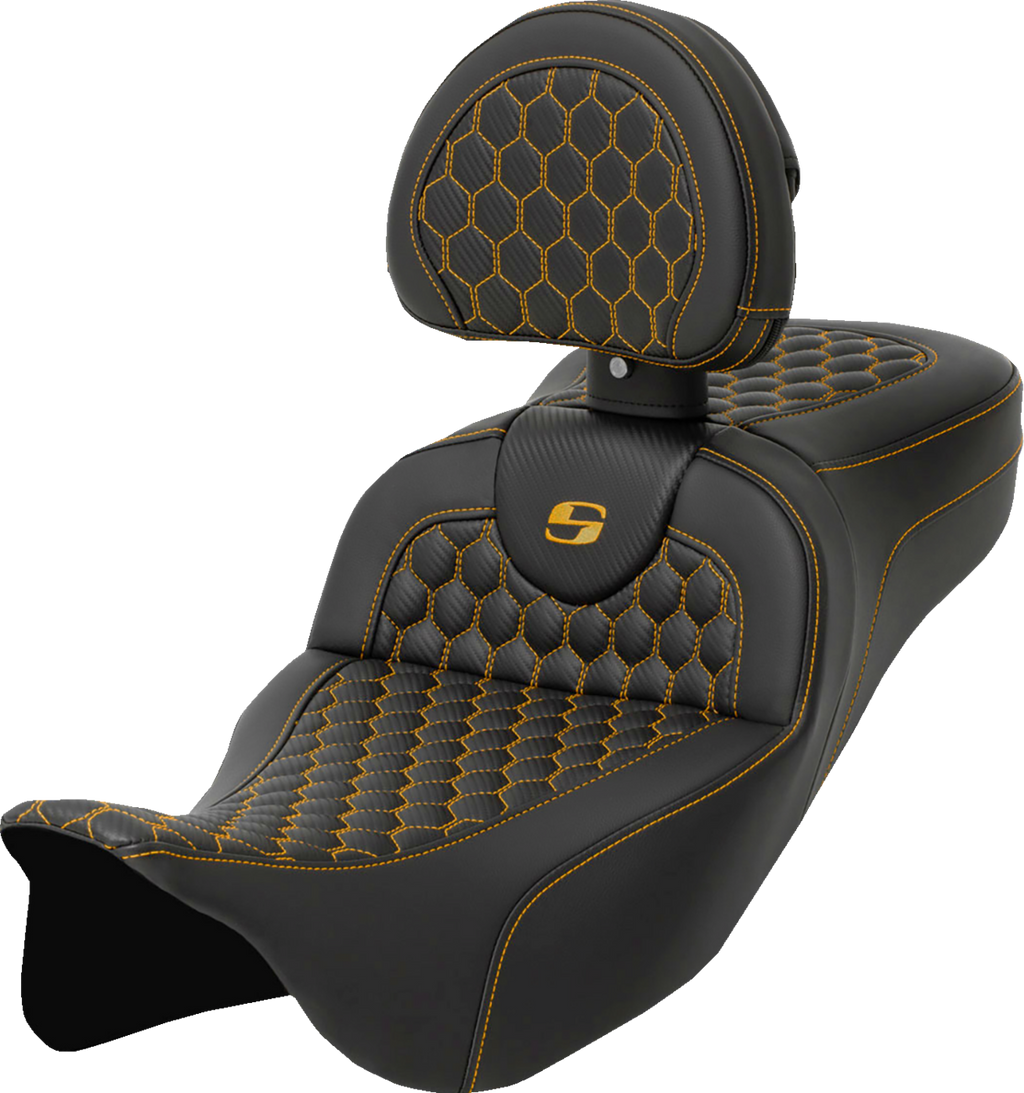 SADDLEMEN RoadSofa™ Seat - Honeycomb - Gold Stitch - with Backrest - Extended Reach - FLH/FLT '08-'24 808-07B-190B7 — image 1