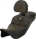SADDLEMEN RoadSofa™ Seat - Honeycomb - Gold Stitch - with Backrest - Extended Reach - FLH/FLT '08-'24 808-07B-190B7 — image 1