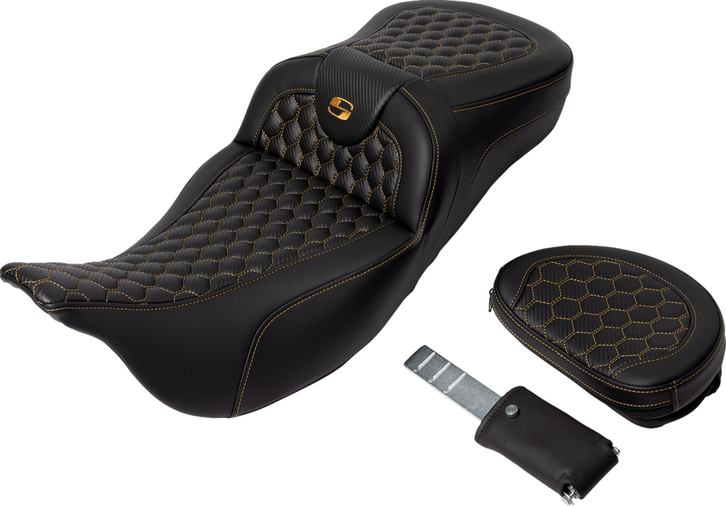 SADDLEMEN RoadSofa™ Seat - Honeycomb - Gold Stitch - with Backrest - Extended Reach - FLH/FLT '08-'24 808-07B-190B7 — image 4
