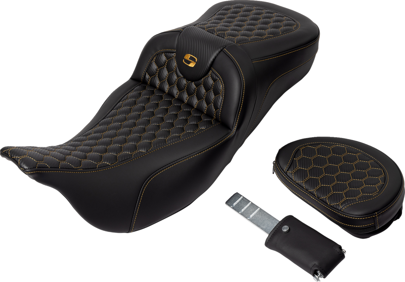 SADDLEMEN RoadSofa™ Seat - Honeycomb - Gold Stitch - with Backrest - Extended Reach - FLH/FLT '08-'24 808-07B-190B7 — image 4