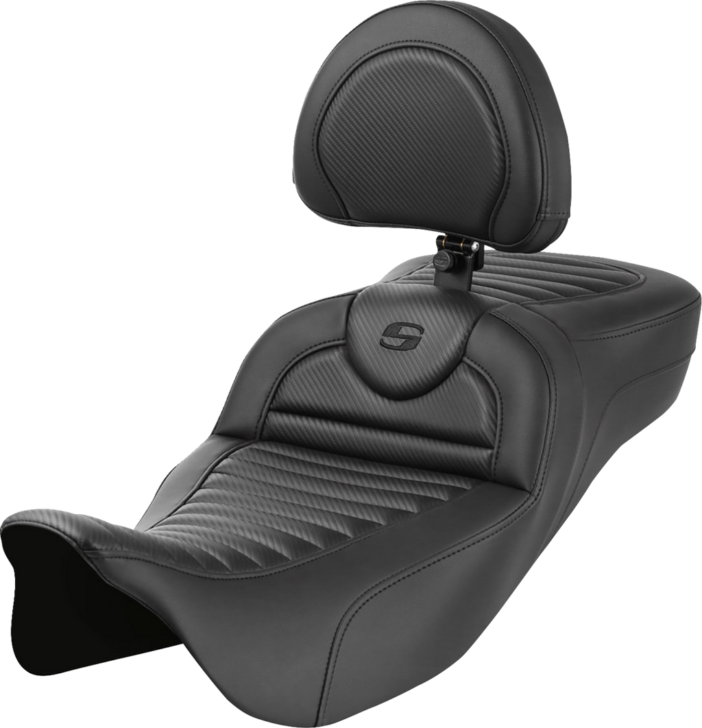 SADDLEMEN Roadsofa™ Extended Reach Seat - with Backrest - Tuck-n-Roll - Carbon Fiber - FLH/FLT '08-'24 808-07B-205B0 — image 1