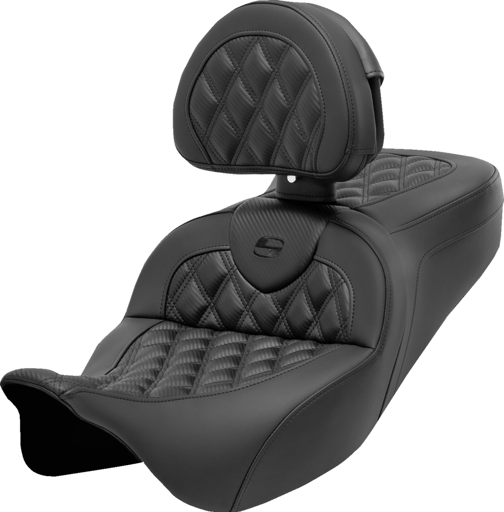 SADDLEMEN Roadsofa™ Seat - with Backrest - Lattice Stitch - Carbon Fiber - FL '08-'23 808-07B-206B0 — image 1