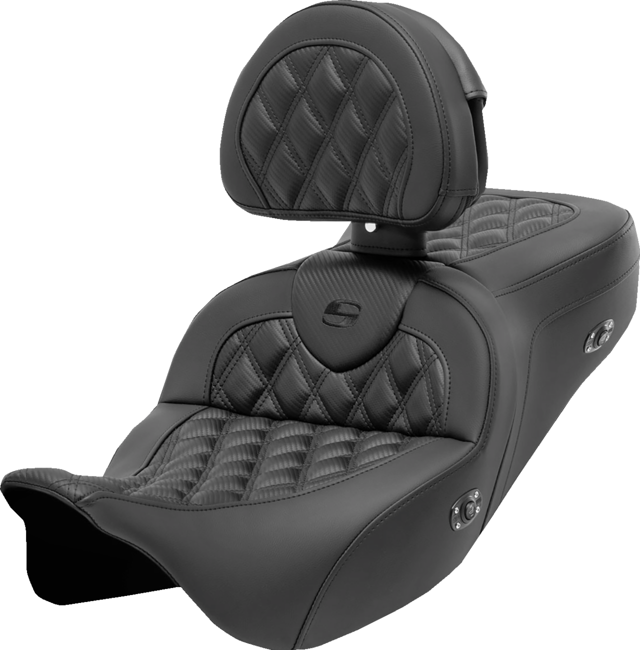 SADDLEMEN Roadsofa™ Seat - with Backrest - Lattice Stitch - Carbon Fiber - FL '08-'23 808-07B-206C0 — image 1