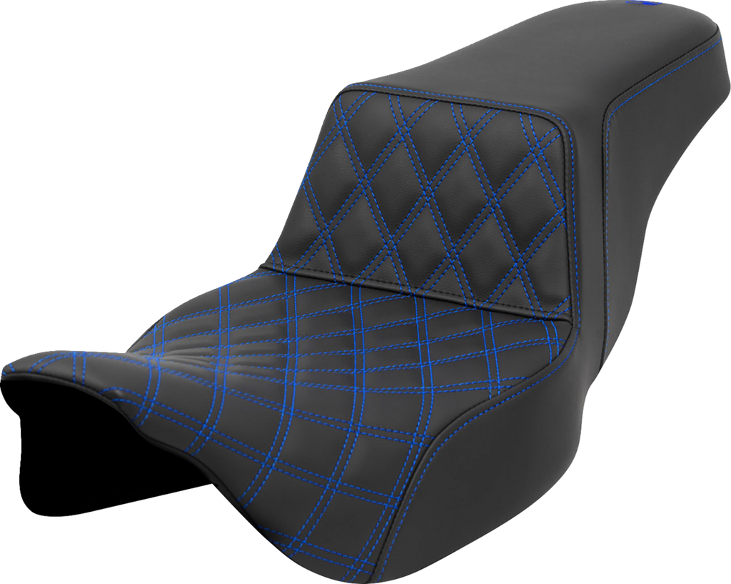 SADDLEMEN Step-Up Seat - Front Lattice Stitch - Blue Stitch - Extended Reach - FLH/FLT '08-'23 808-07E-17201 — image 1
