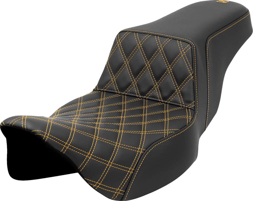 SADDLEMEN Step-Up Seat - Front Lattice Stitch - Gold Stitch - Extended Reach - FLH/FLT '08-'23 808-07E-17207 — image 1