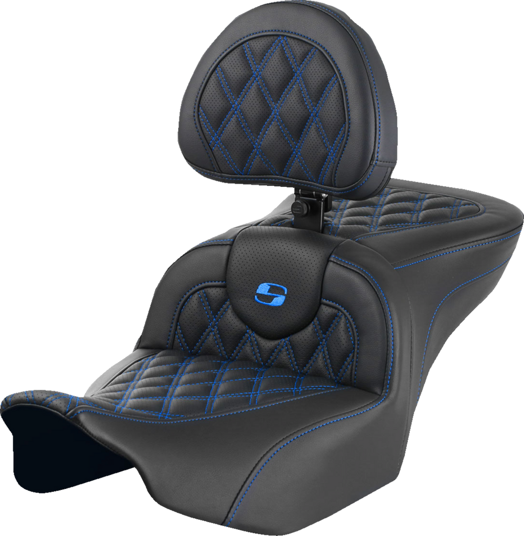 SADDLEMEN RoadSofa™ Seat - with Backrest - Lattice Stitch - Blue Stitch - FLTR/FLHX '23-'24 823-07-182B1 — image 1
