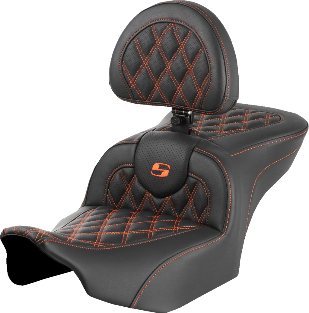 SADDLEMEN RoadSofa™ Seat - with Backrest - Lattice Stitch - Orange Stitch - FLTR/FLHX '23-'24 823-07-182B3 — image 1
