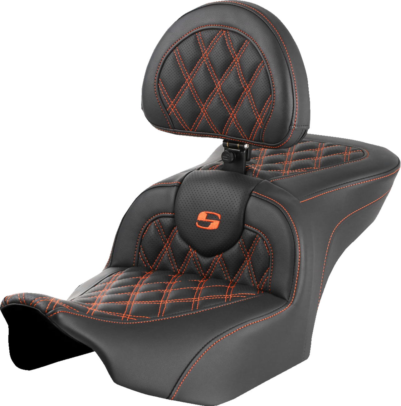 SADDLEMEN RoadSofa™ Seat - with Backrest - Lattice Stitch - Orange Stitch - FLTR/FLHX '23-'24 823-07-182B3 — image 1