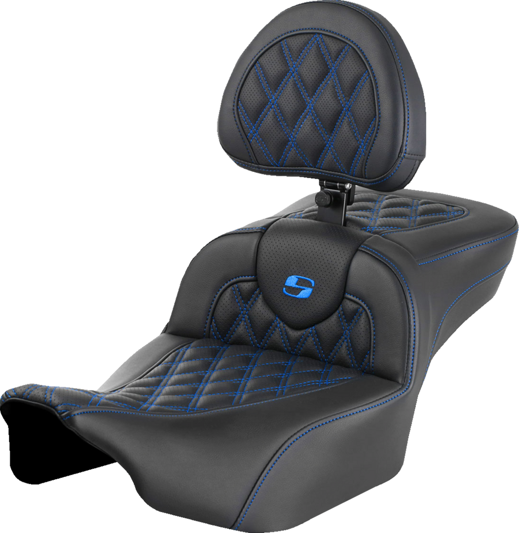 SADDLEMEN Roadsofa™ Extended Reach Seat - with Backrest - Lattice Stitch - Blue Stitch - FLTR/FLHX '23-'24 823-07-184B1 — image 1