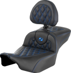 SADDLEMEN Roadsofa™ Extended Reach Seat - with Backrest - Lattice Stitch - Blue Stitch - FLTR/FLHX '23-'24 823-07-184B1 — image 1