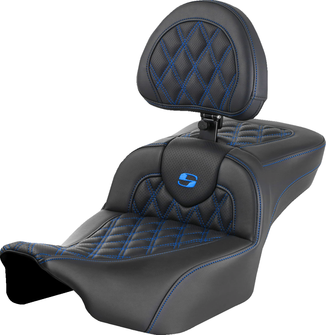 SADDLEMEN Roadsofa™ Extended Reach Seat - with Backrest - Lattice Stitch - Blue Stitch - FLTR/FLHX '23-'24 823-07-184B1 — image 1