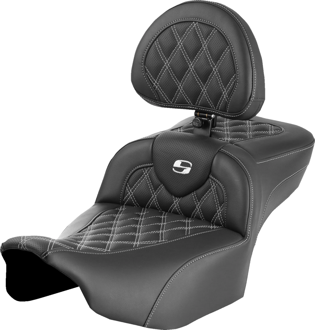 SADDLEMEN Roadsofa™ Extended Reach Seat - with Backrest - Lattice Stitch - White Stitch - FLTR/FLHX '23-'24 823-07-184B6 — image 1