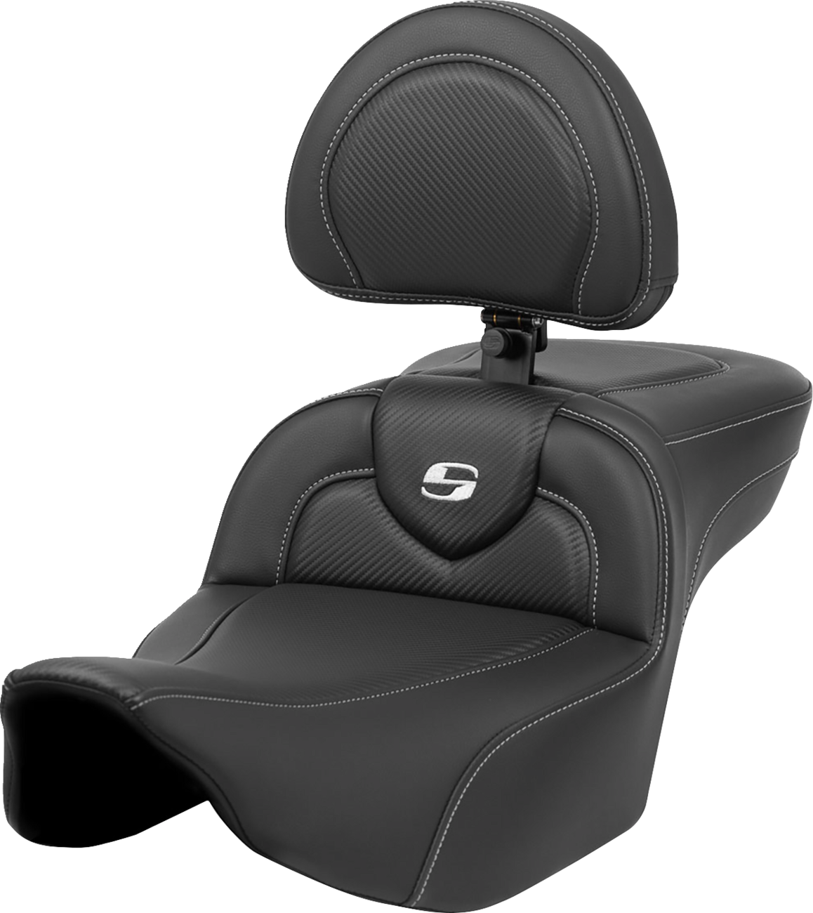 SADDLEMEN Roadsofa™ Extended Reach Seat - Carbon Fiber - Silver Stitch/Silver Logo - w/ Backrest - FL '23-'24 823-07-186BR — image 1