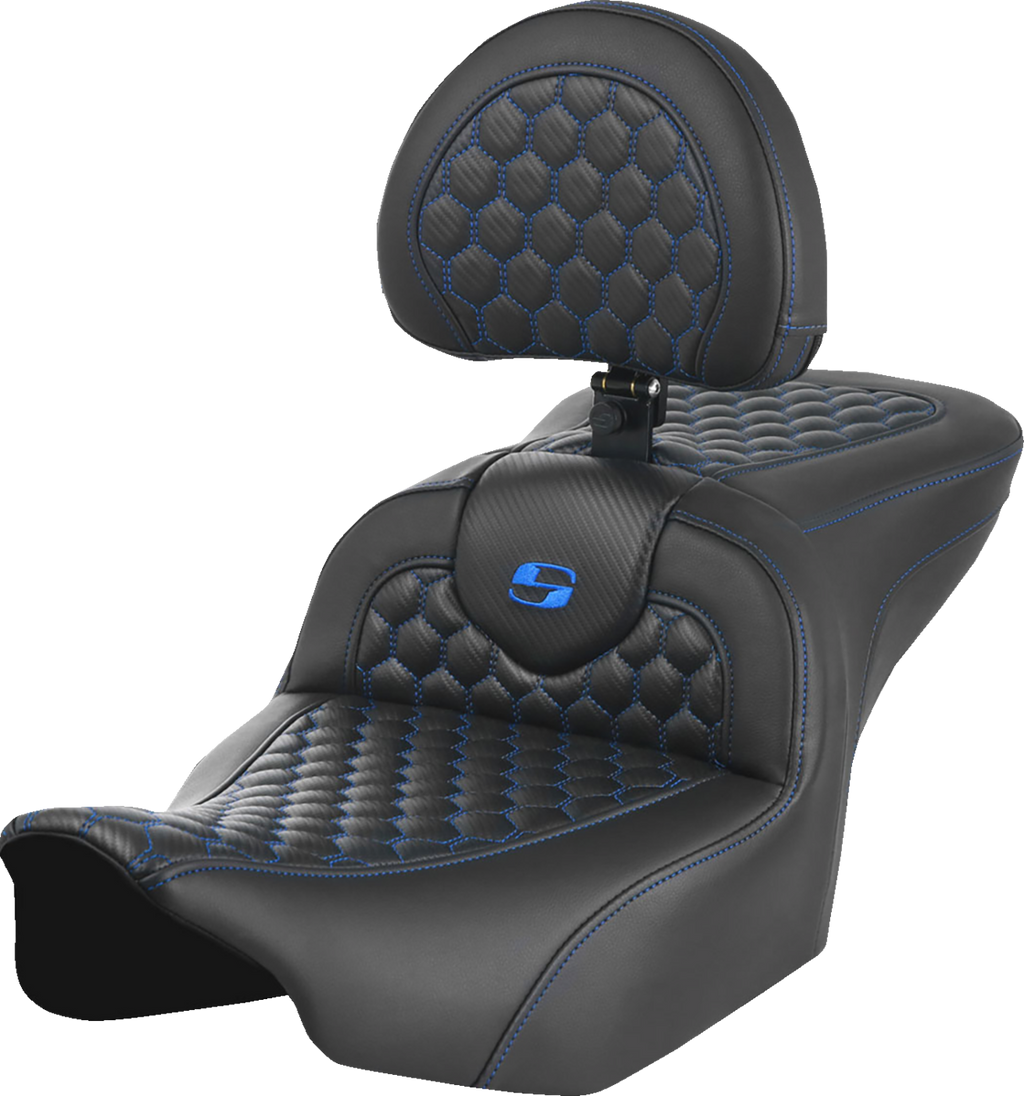 SADDLEMEN Roadsofa™ Seat - with Backrest - Honeycomb - Blue Stitch - FLTR/FLHX '23-'24 823-07-189B1 — image 1