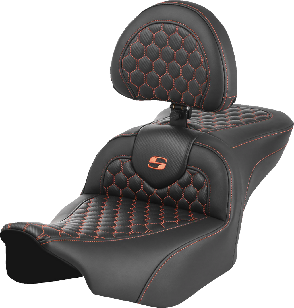 SADDLEMEN Roadsofa™ Seat - with Backrest - Honeycomb - Orange Stitch - FLTR/FLHX '23-'24 823-07-189B3 — image 1