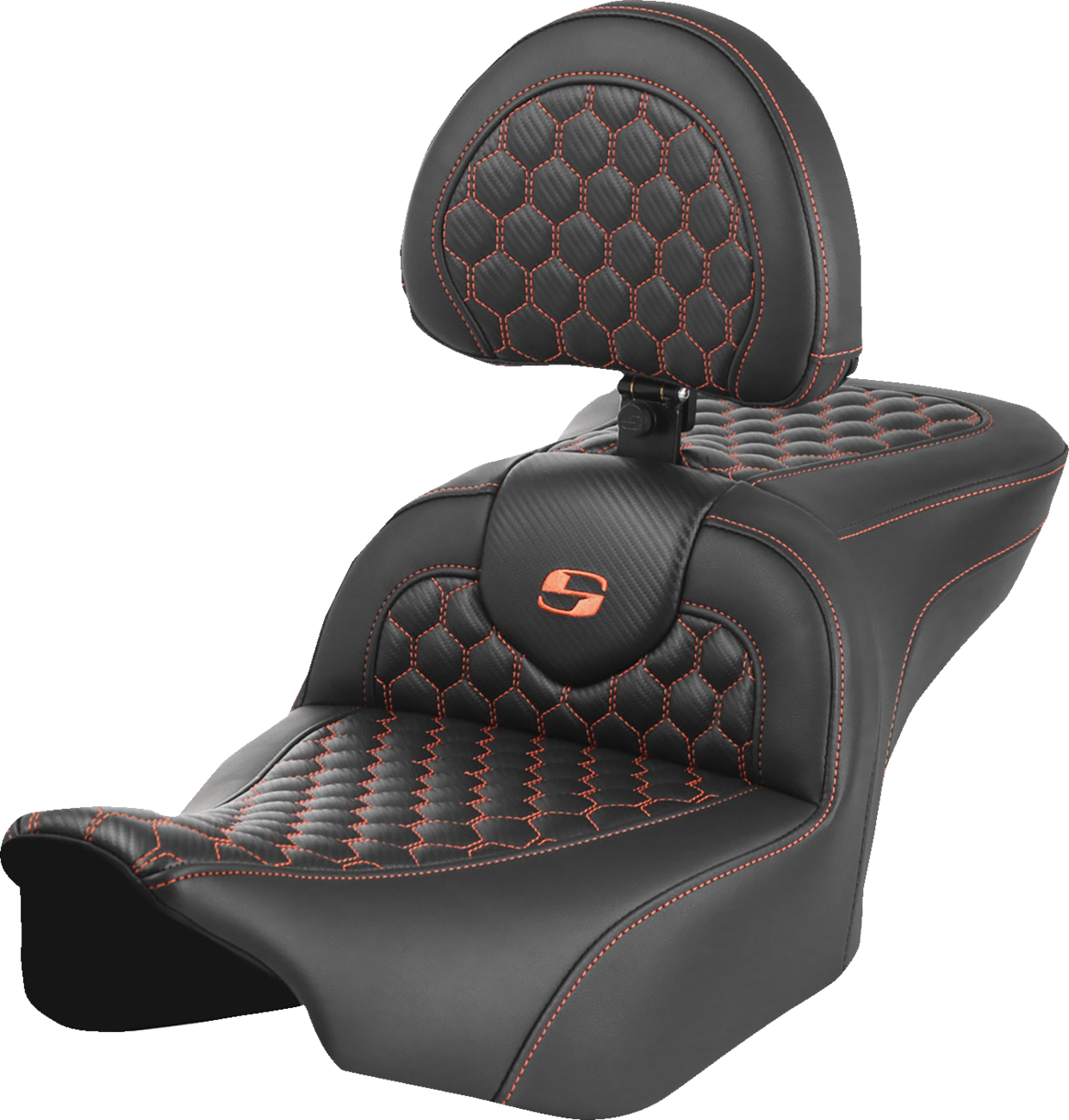 SADDLEMEN Roadsofa™ Seat - with Backrest - Honeycomb - Orange Stitch - FLTR/FLHX '23-'24 823-07-189B3 — image 1