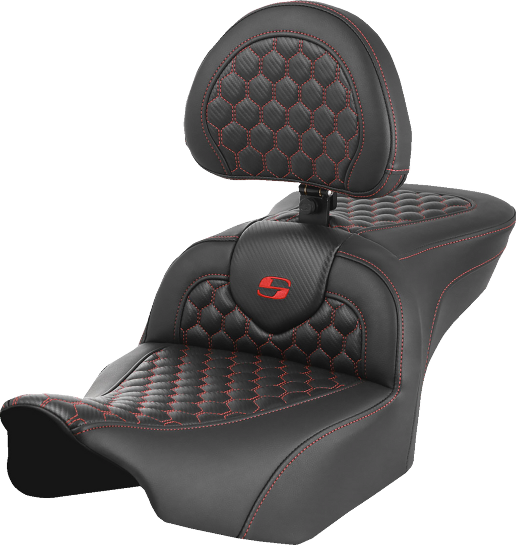 SADDLEMEN Roadsofa™ Seat - with Backrest - Honeycomb - Red Stitch - FLTR/FLHX '23-'24 823-07-189B4 — image 1