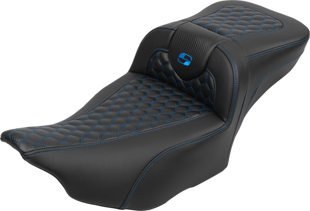 SADDLEMEN Roadsofa™ Extended Reach Seat - with Backrest - Honeycomb - Blue Stitch - FLTR/FLHX '23-'24 823-07-190B1 — image 1