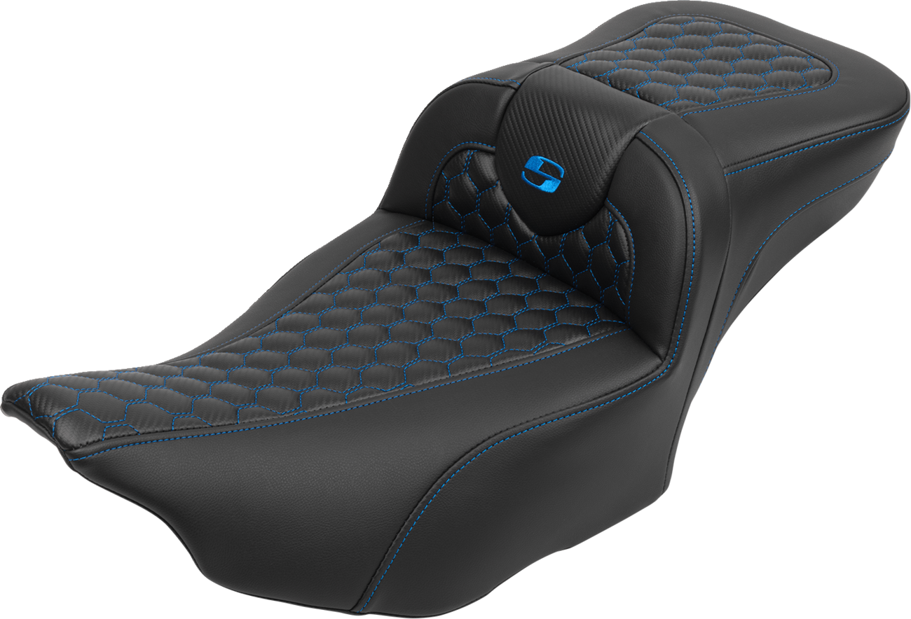 SADDLEMEN Roadsofa™ Extended Reach Seat - with Backrest - Honeycomb - Blue Stitch - FLTR/FLHX '23-'24 823-07-190B1 — image 1