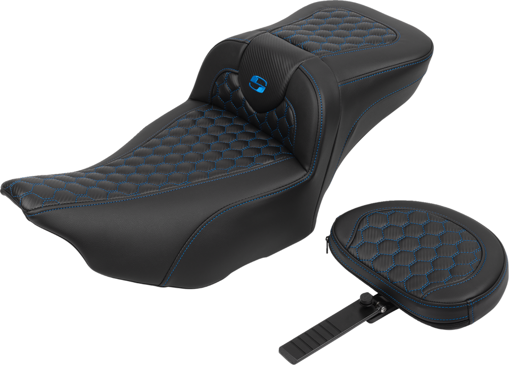 SADDLEMEN Roadsofa™ Extended Reach Seat - with Backrest - Honeycomb - Blue Stitch - FLTR/FLHX '23-'24 823-07-190B1 — image 2