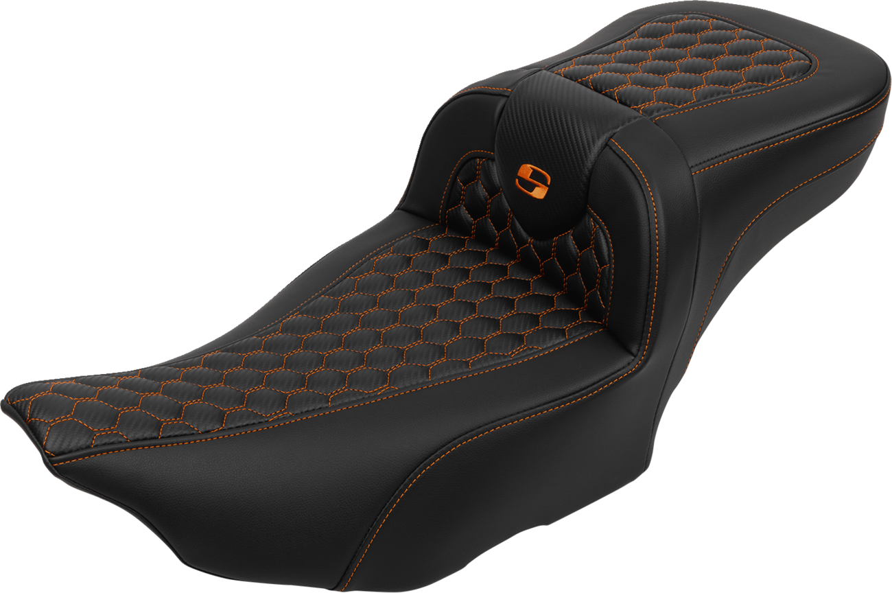 SADDLEMEN Roadsofa™ Extended Reach Seat - with Backrest - Honeycomb - Orange Stitch - FLTR/FLHX '23-'24 823-07-190B3 — image 1