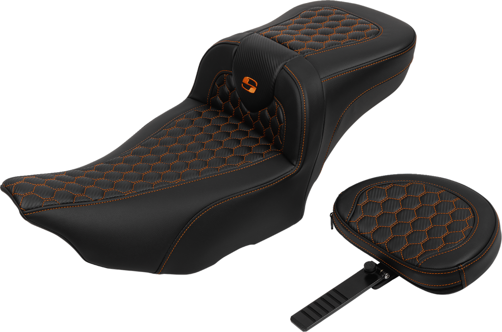 SADDLEMEN Roadsofa™ Extended Reach Seat - with Backrest - Honeycomb - Orange Stitch - FLTR/FLHX '23-'24 823-07-190B3 — image 2