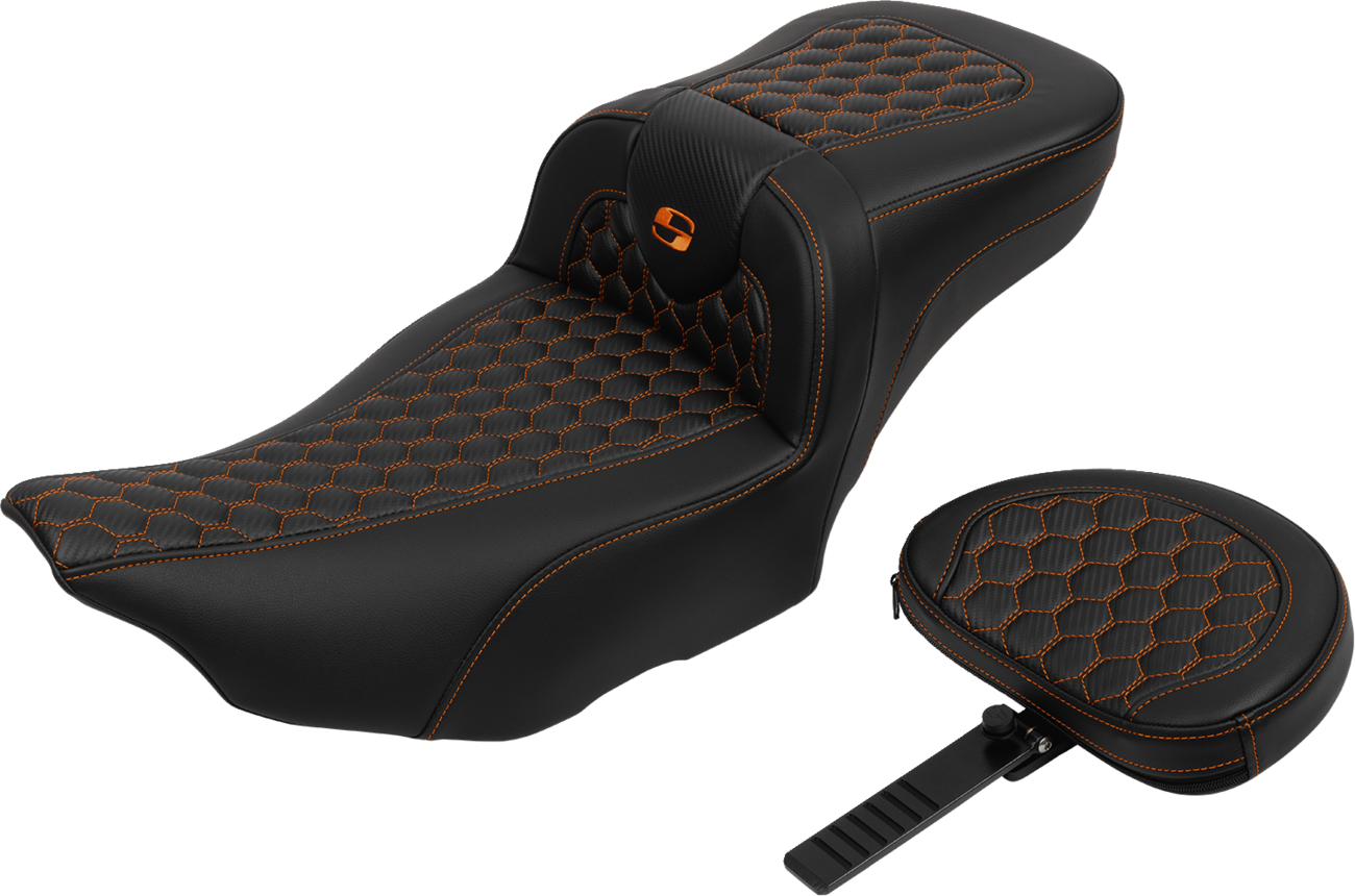 SADDLEMEN Roadsofa™ Extended Reach Seat - with Backrest - Honeycomb - Orange Stitch - FLTR/FLHX '23-'24 823-07-190B3 — image 2