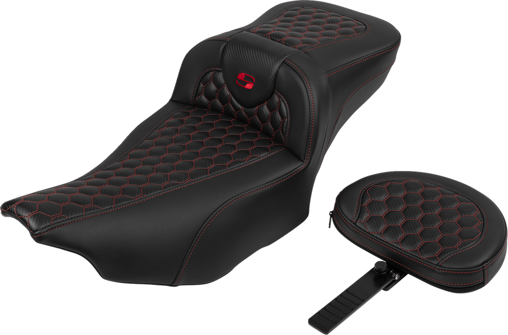 SADDLEMEN Roadsofa™ Extended Reach Seat - with Backrest - Honeycomb - Red Stitch - FLTR/FLHX '23-'24 823-07-190B4 — image 1