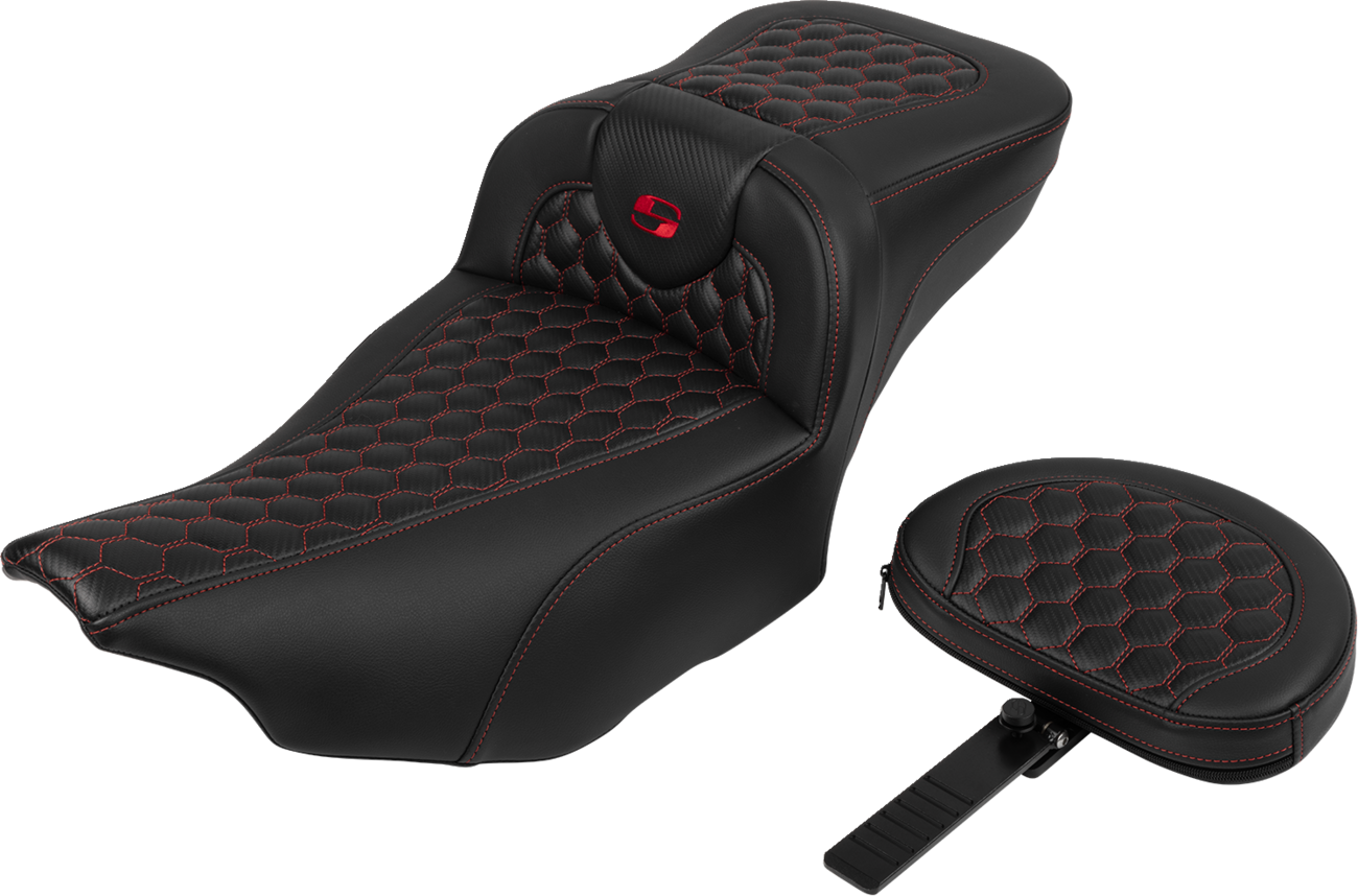 SADDLEMEN Roadsofa™ Extended Reach Seat - with Backrest - Honeycomb - Red Stitch - FLTR/FLHX '23-'24 823-07-190B4 — image 1