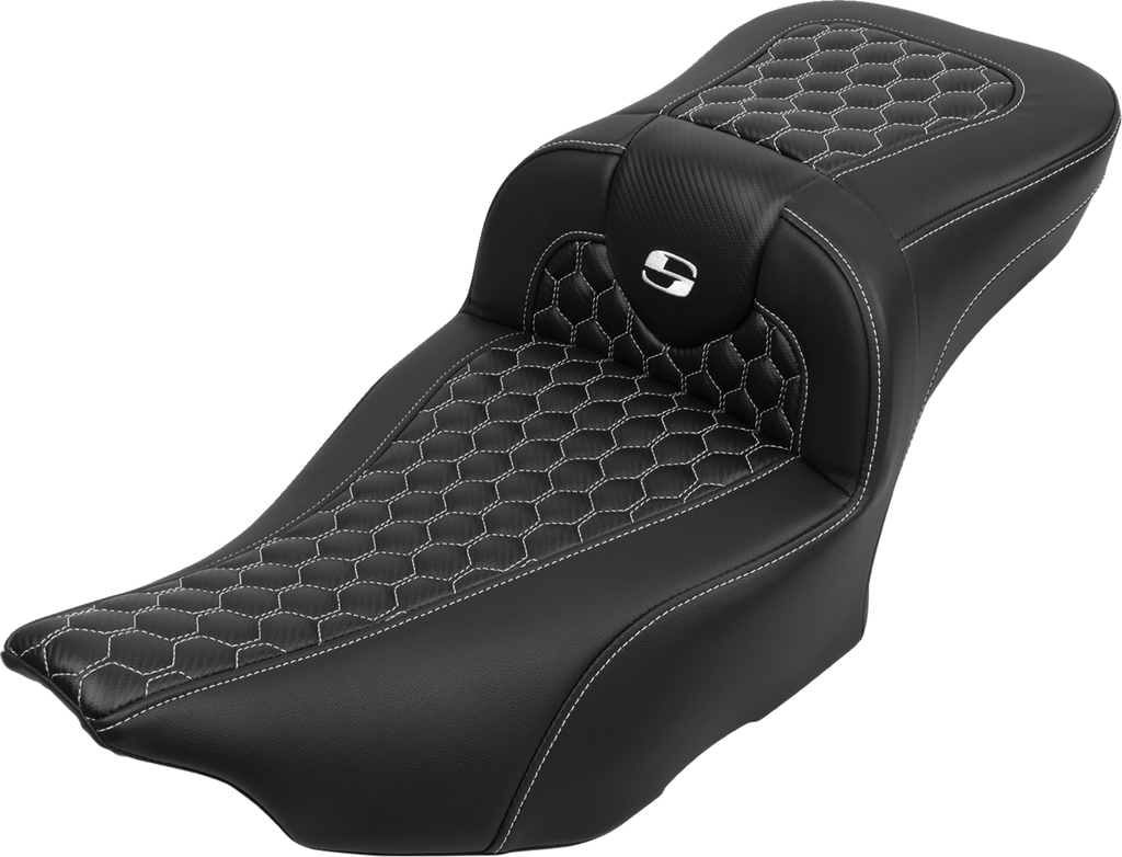 SADDLEMEN Roadsofa™ Extended Reach Seat - with Backrest - Honeycomb - White Stitch - FLTR/FLHX '23-'24 823-07-190B6 — image 1