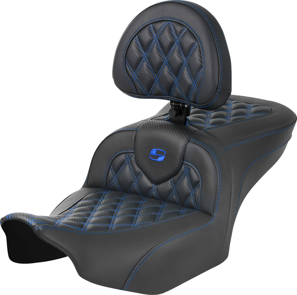SADDLEMEN RoadSofa™ Seat - with Backrest - Carbon Fiber - Lattice Stitch - Blue Stitch - FLTR/FLHX '23-'24 823-07-206B1 — image 1