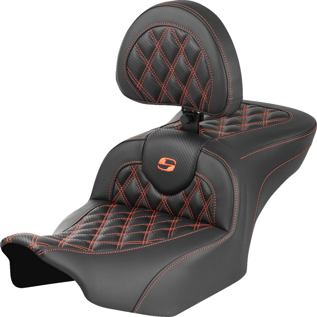 SADDLEMEN RoadSofa™ Seat - with Backrest - Carbon Fiber - Lattice Stitch - Orange Stitch - FLTR/FLHX '23-'24 823-07-206B3 — image 1