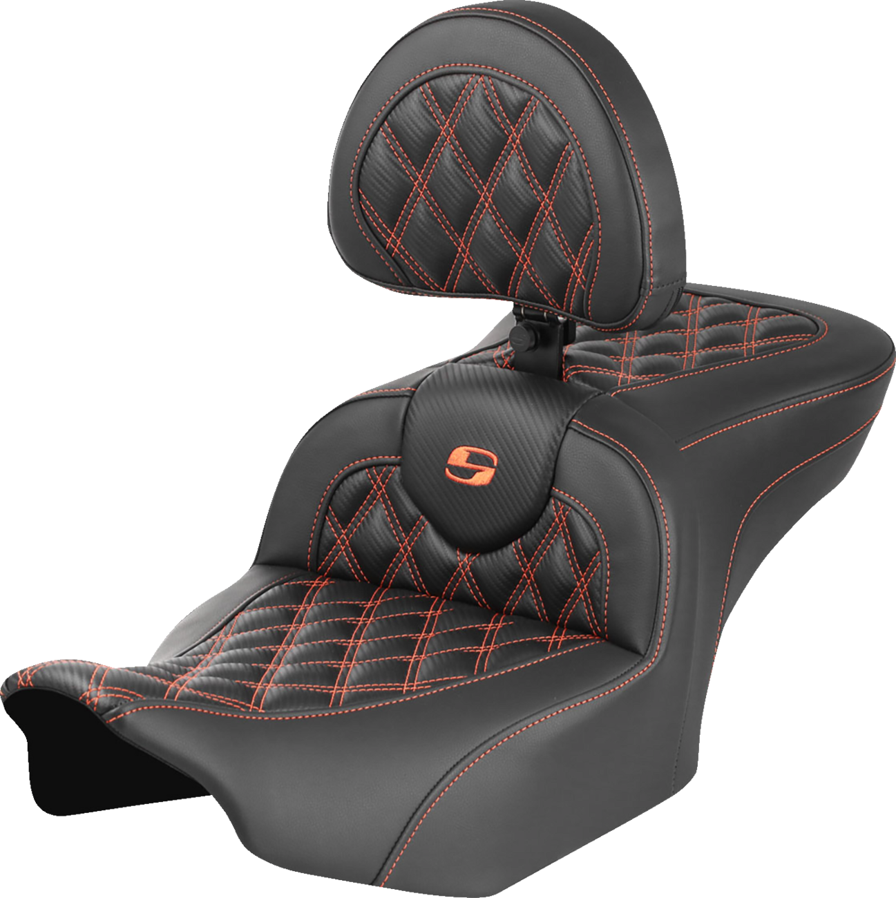 SADDLEMEN RoadSofa™ Seat - with Backrest - Carbon Fiber - Lattice Stitch - Orange Stitch - FLTR/FLHX '23-'24 823-07-206B3 — image 1