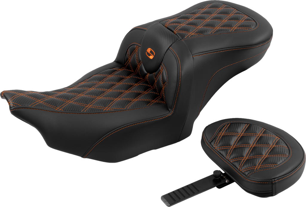 SADDLEMEN RoadSofa™ Seat - with Backrest - Carbon Fiber - Lattice Stitch - Orange Stitch - FLTR/FLHX '23-'24 823-07-206B3 — image 2