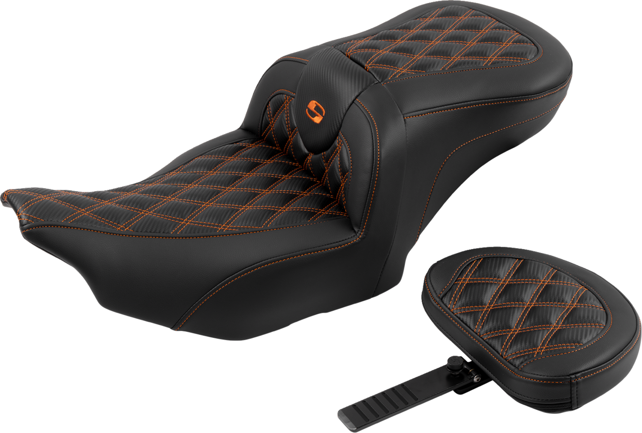 SADDLEMEN RoadSofa™ Seat - with Backrest - Carbon Fiber - Lattice Stitch - Orange Stitch - FLTR/FLHX '23-'24 823-07-206B3 — image 2