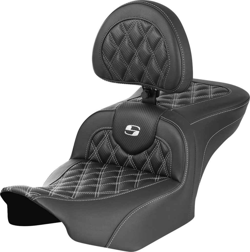 SADDLEMEN RoadSofa™ Seat - with Backrest - Carbon Fiber - Lattice Stitch - White Stitch - FLTR/FLHX '23-'24 823-07-206B6 — image 1
