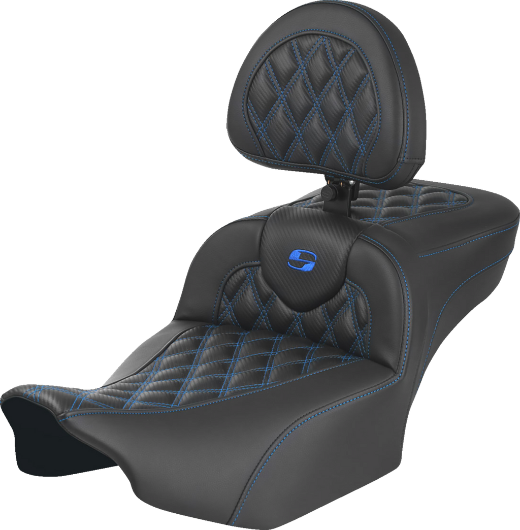 SADDLEMEN Roadsofa™ Extended Reach Seat - with Backrest - Lattice Stitch - Blue Stitch - FLTR/FLHX '23-'24 823-07-207B1 — image 1