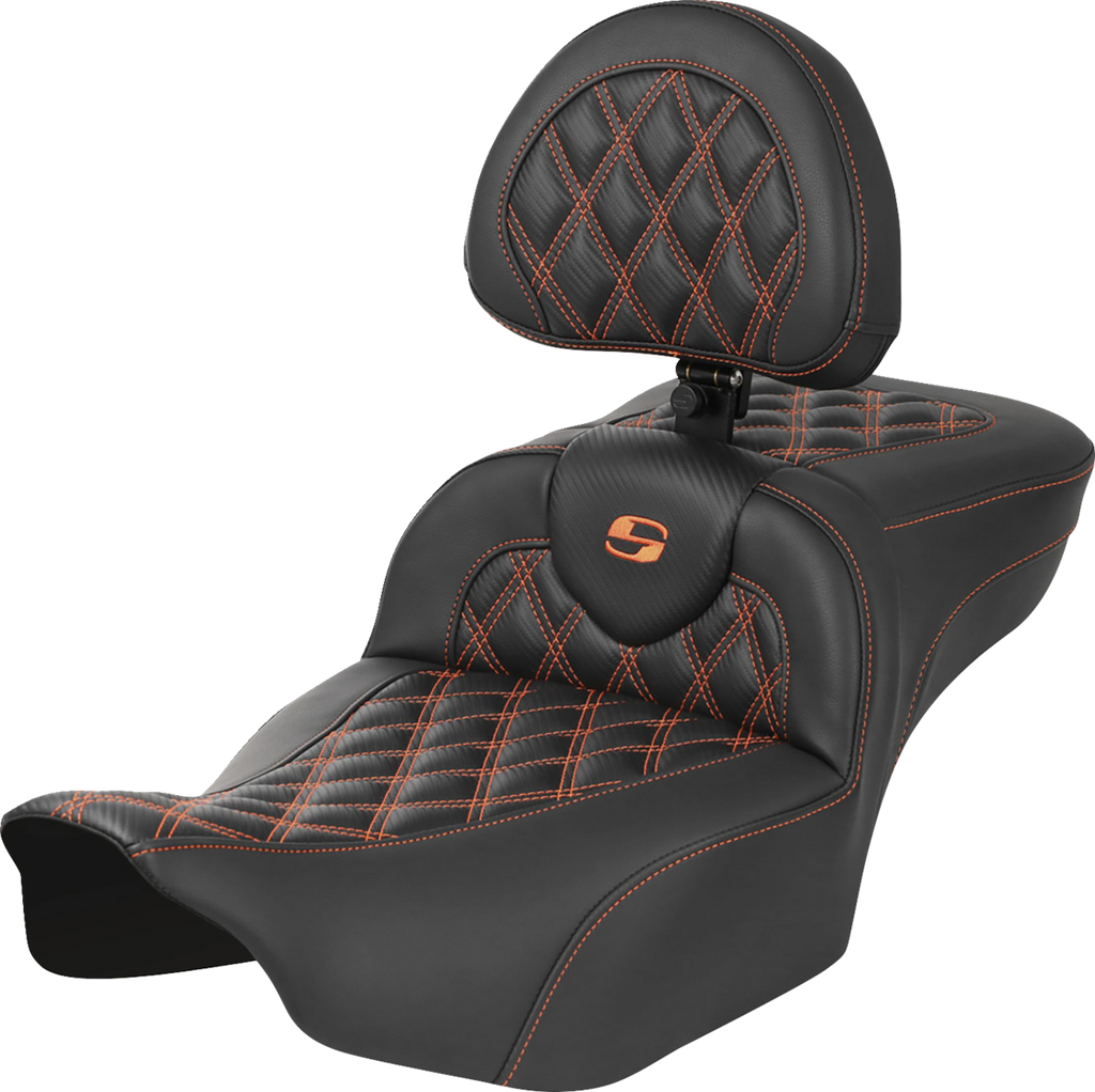 SADDLEMEN Roadsofa™ Extended Reach Seat - with Backrest - Lattice Stitch - Orange Stitch - FLTR/FLHX '23-'24 823-07-207B3 — image 1