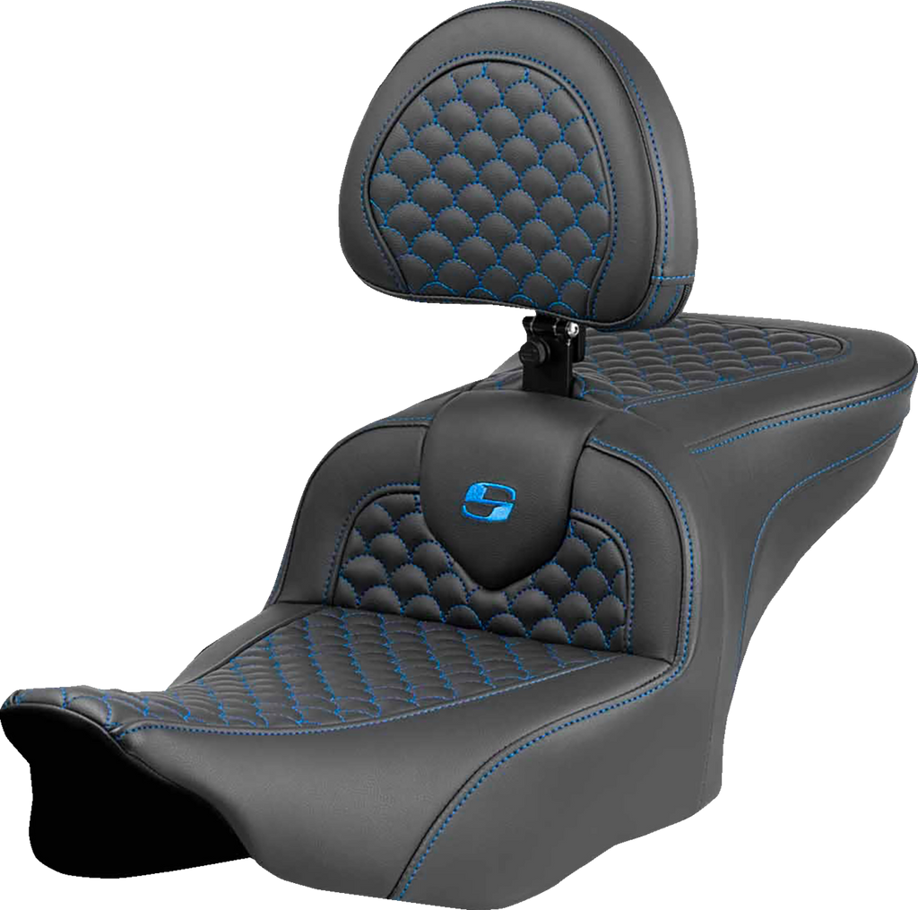 SADDLEMEN Roadsofa™ Seat - Dragon Scale Stitch - Blue Stitch - w/ Backrest - FLTR/FLHX '23-'24 823-07-208B1 — image 1