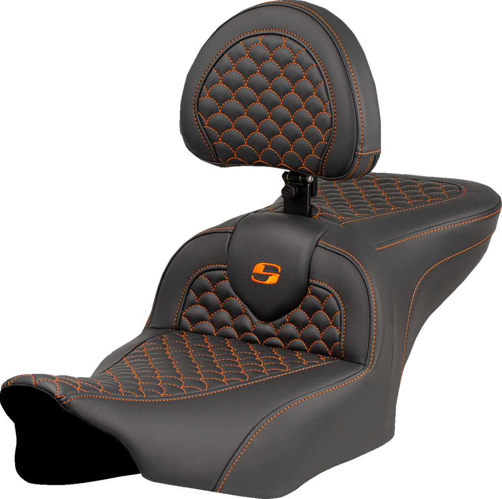 SADDLEMEN Roadsofa™ Seat - Dragon Scale Stitch - Orange Stitch - w/ Backrest - FLTR/FLHX '23-'24 823-07-208B3 — image 1