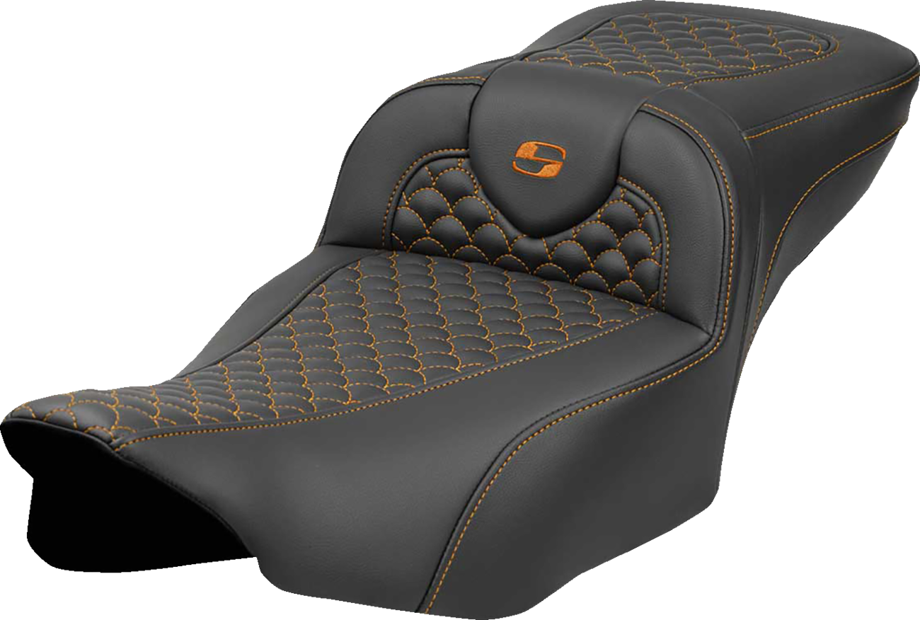 SADDLEMEN Roadsofa™ Extended Reach Seat - Dragon Scale Stitch - Orange Stitch - w/o Backrest - FLT/FLH '23-'24 823-07-20903 — image 1